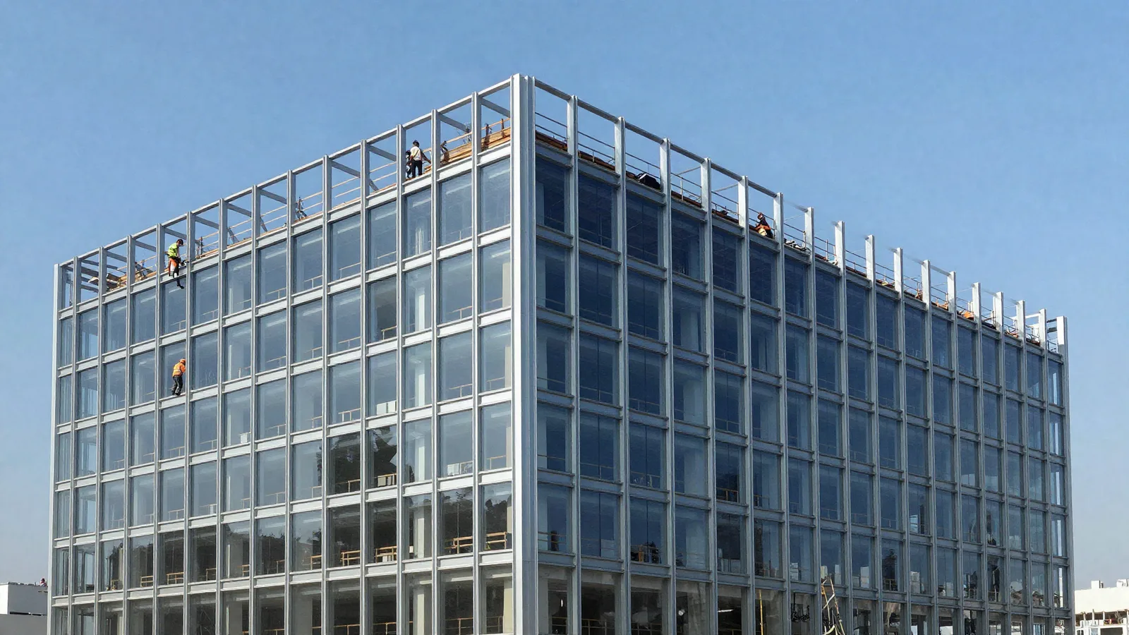 Facade en verre et acier en cours de montage